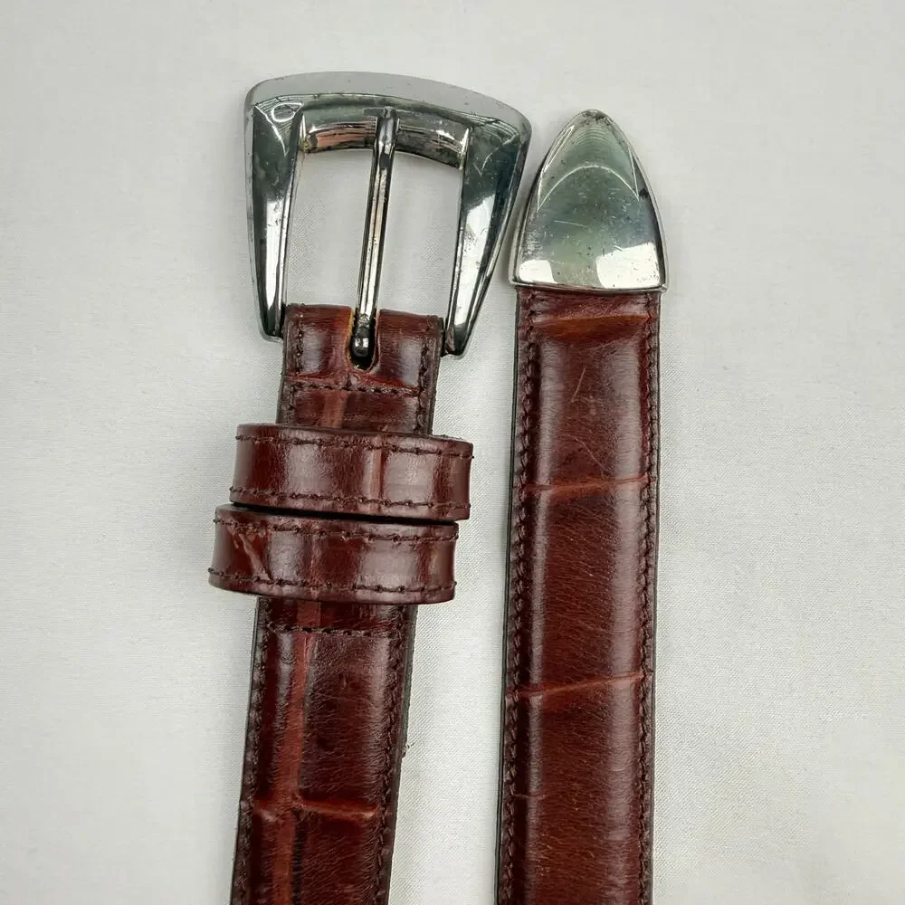 Vintage Joan & David Calfskin Brown Leather Belt Croc Embossed 90s Minimal
